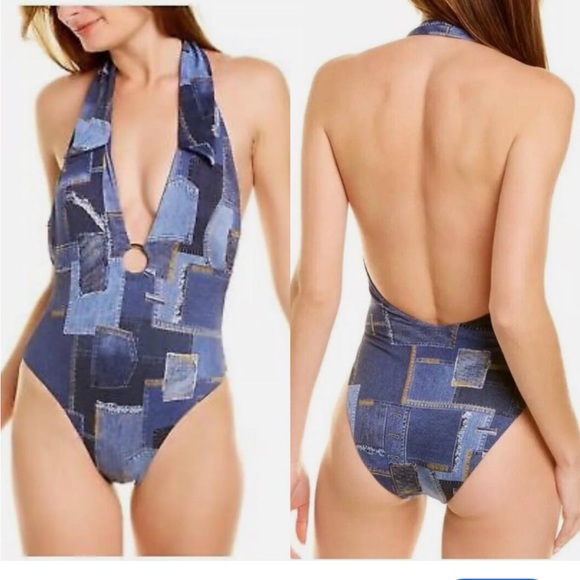 WeWoreWhat Other - WeWoreWhat collar racerback denim patchwork one piece swimsuit blue XS NWT